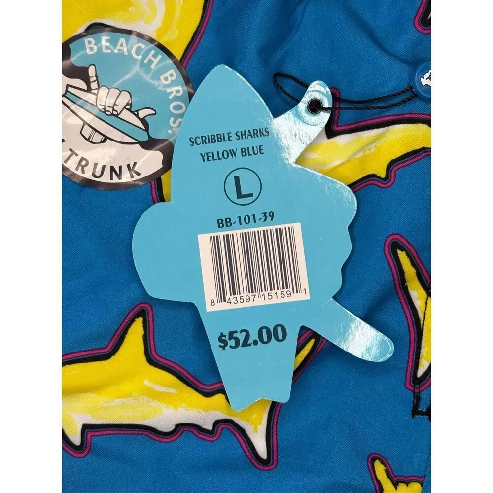 NWT Beach Bros. Scribble Sharks swim trunks in blue and yellow - L